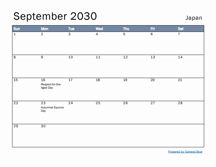 September 2030 Simple Monthly Calendar for Japan