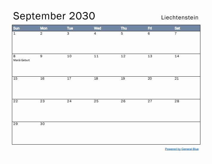 September 2030 Simple Monthly Calendar for Liechtenstein