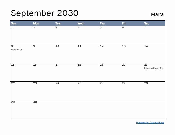 September 2030 Simple Monthly Calendar for Malta