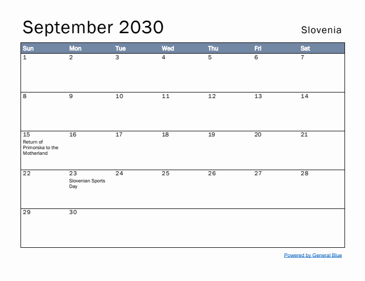 September 2030 Simple Monthly Calendar for Slovenia