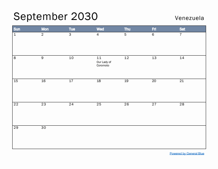 September 2030 Simple Monthly Calendar for Venezuela