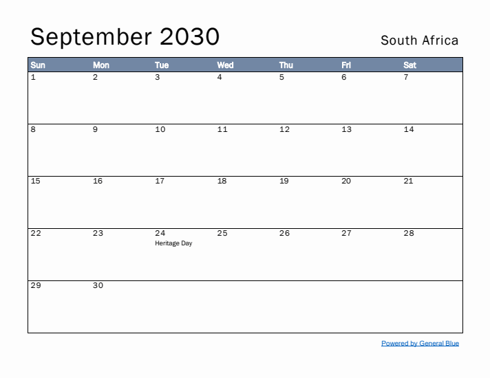 September 2030 Simple Monthly Calendar for South Africa