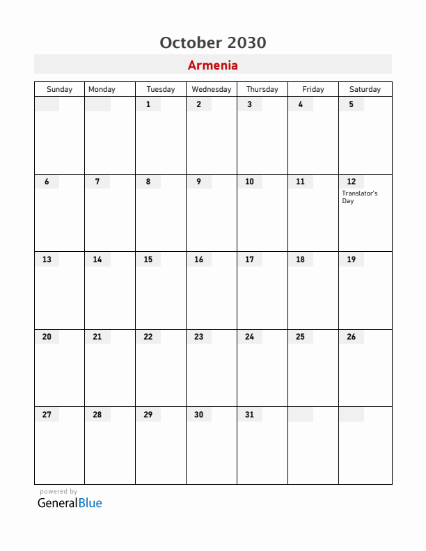 Armenia October 2030 Calendar with Holidays
