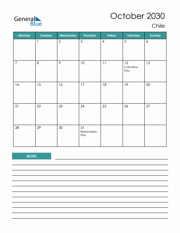 Calendar with Notes Printable - Monday Start