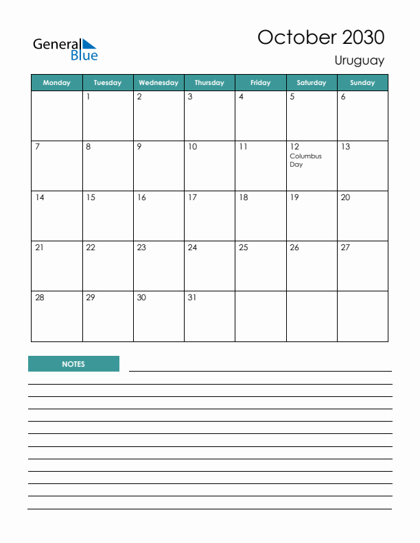 Calendar with Notes Printable - Monday Start