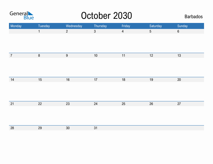 Fillable October 2030 Calendar