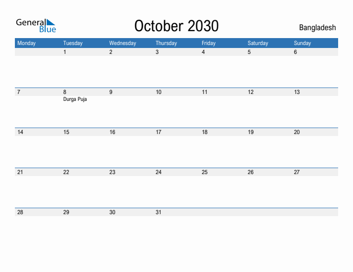 Fillable October 2030 Calendar