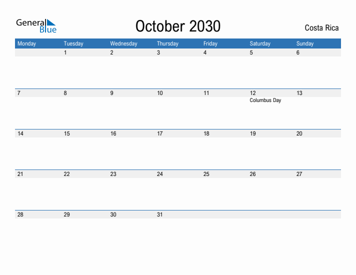 Fillable October 2030 Calendar