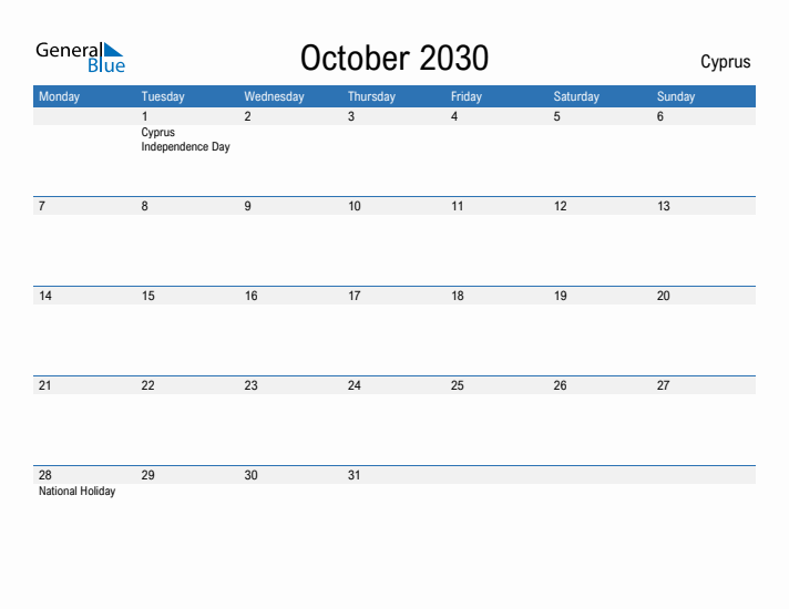 Fillable October 2030 Calendar