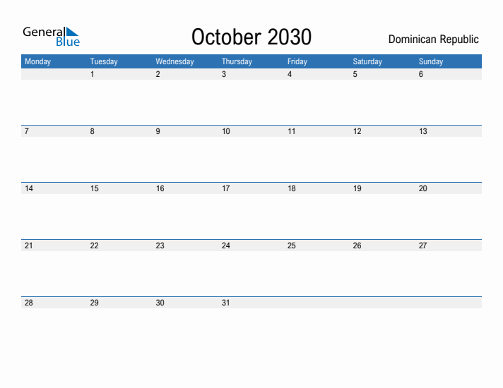 Fillable October 2030 Calendar