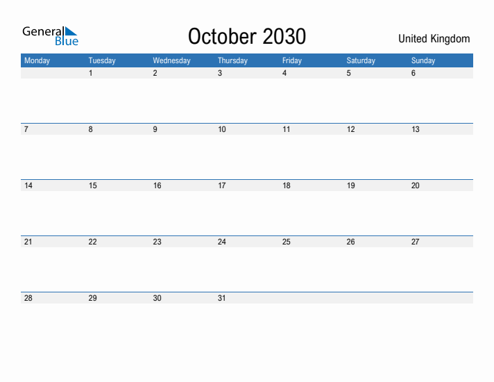 Fillable October 2030 Calendar