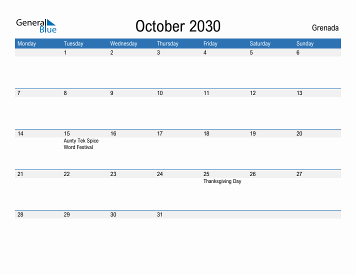 Fillable October 2030 Calendar