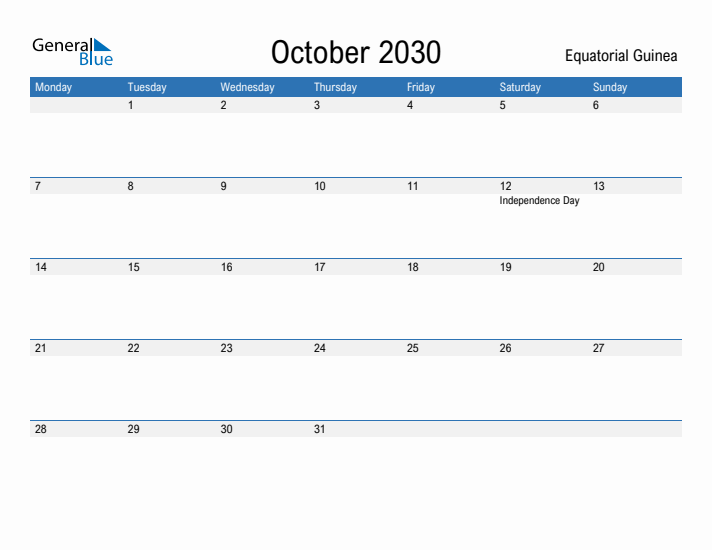 Fillable October 2030 Calendar