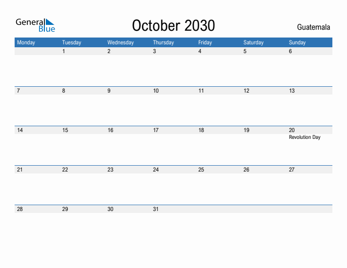 Fillable October 2030 Calendar