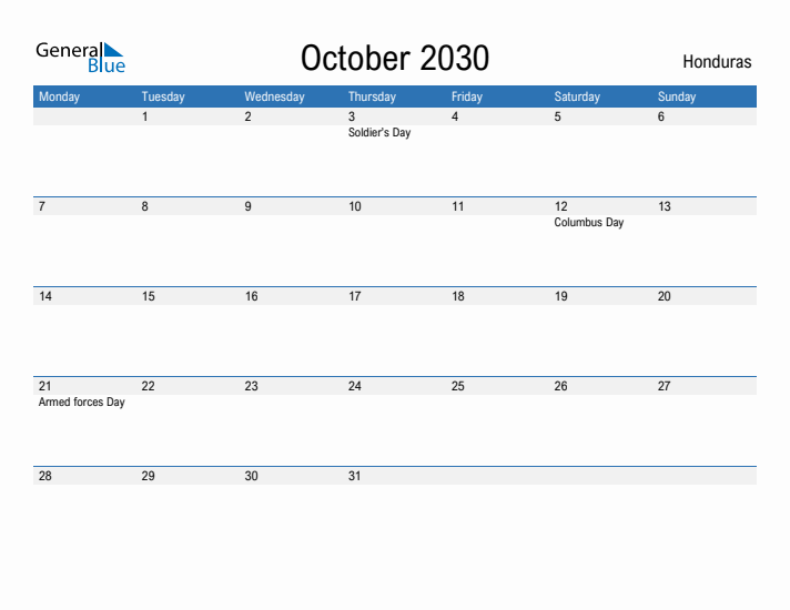 Fillable October 2030 Calendar