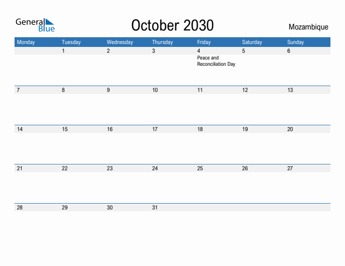 Fillable October 2030 Calendar