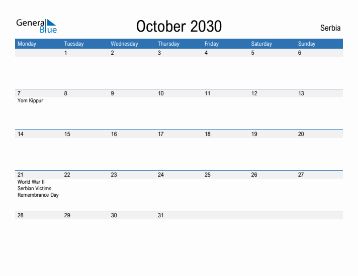 Fillable October 2030 Calendar