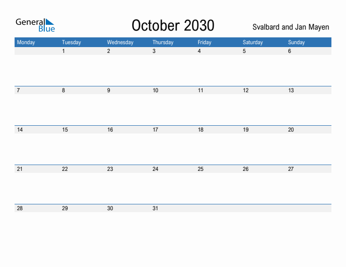 Fillable October 2030 Calendar