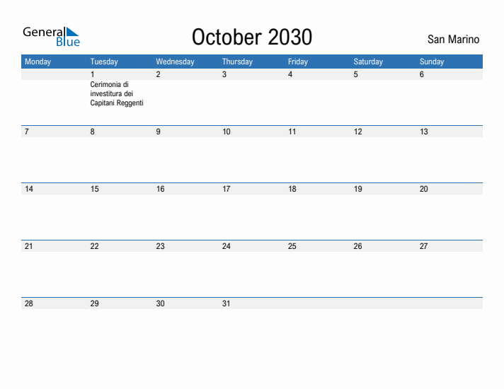 Fillable October 2030 Calendar