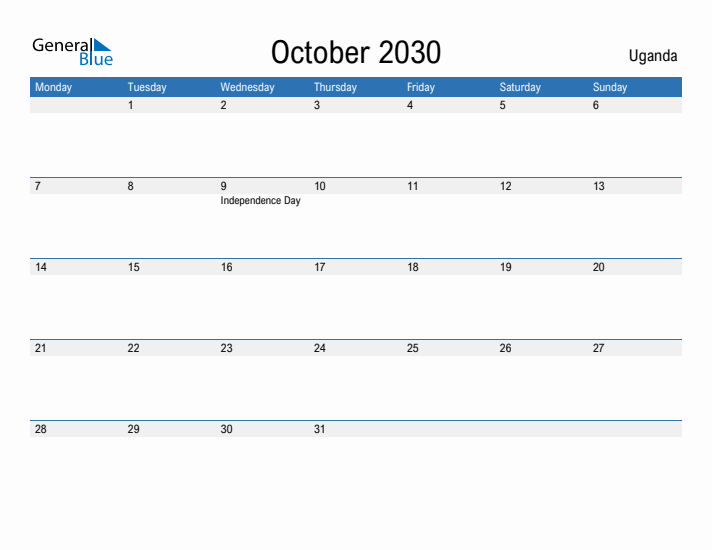 Fillable October 2030 Calendar