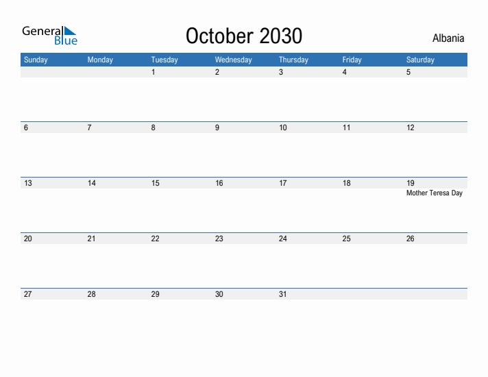 Fillable October 2030 Calendar