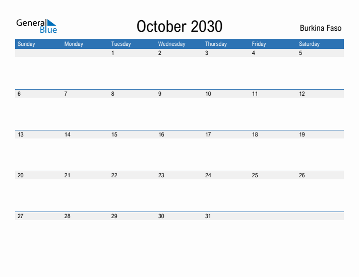 Fillable October 2030 Calendar