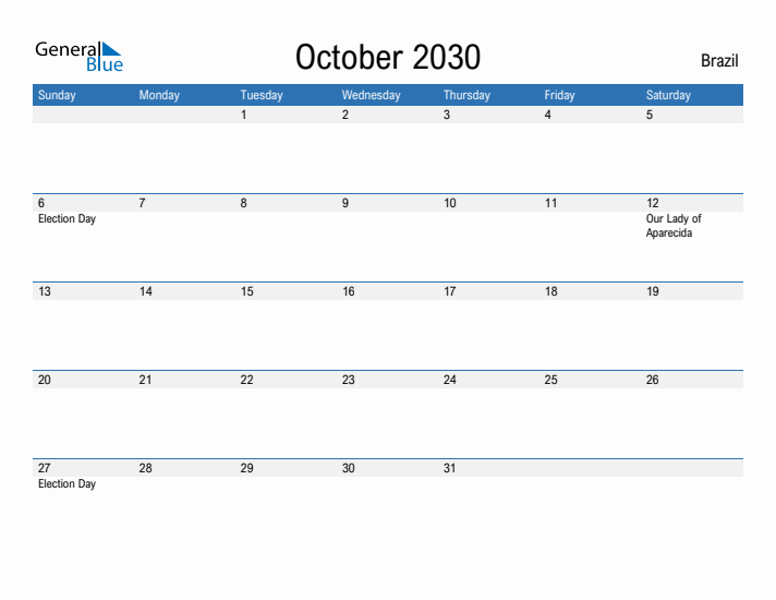 Fillable October 2030 Calendar