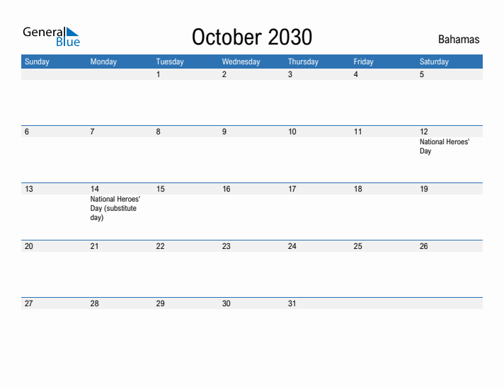 Fillable October 2030 Calendar