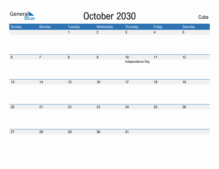 Fillable October 2030 Calendar