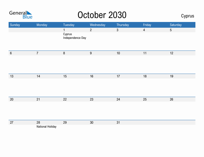 Fillable October 2030 Calendar