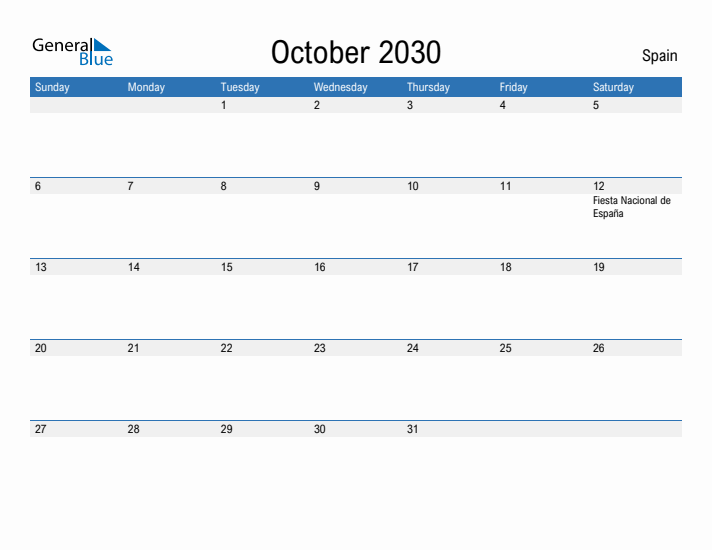 Fillable October 2030 Calendar