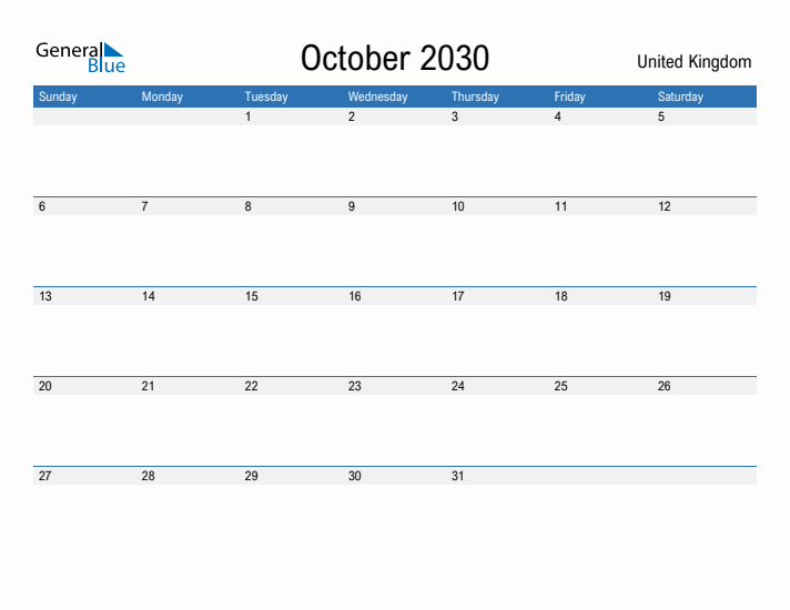 Fillable October 2030 Calendar