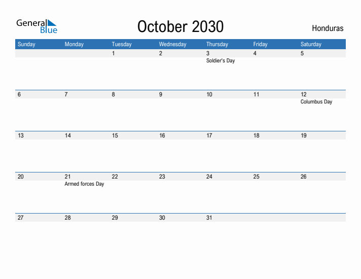 Fillable October 2030 Calendar