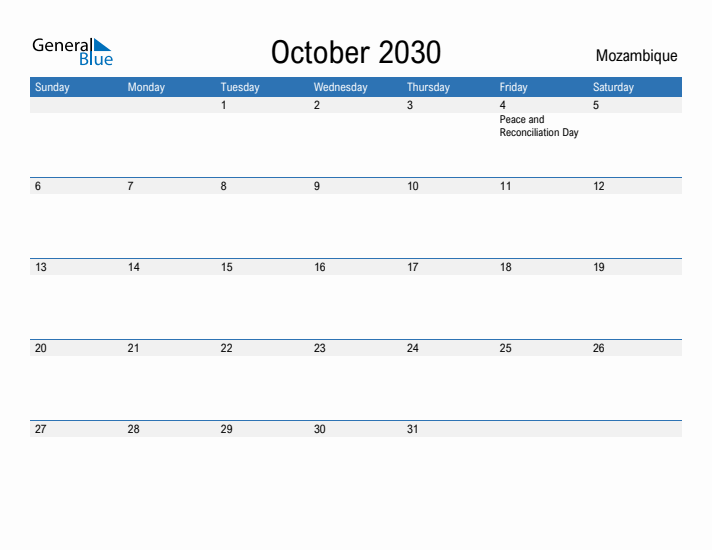 Fillable October 2030 Calendar