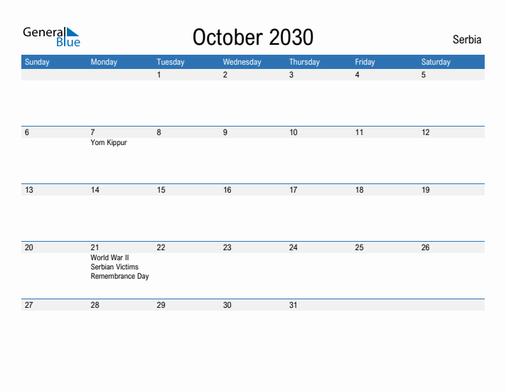 Fillable October 2030 Calendar