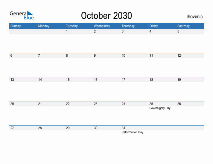 Fillable October 2030 Calendar