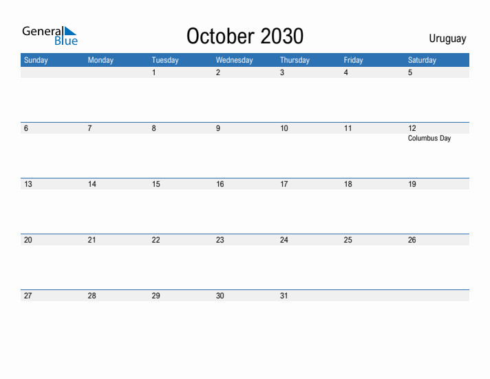 Fillable October 2030 Calendar