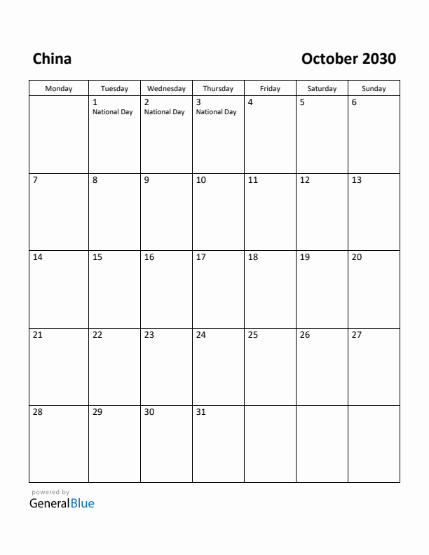 October 2030 Calendar with China Holidays