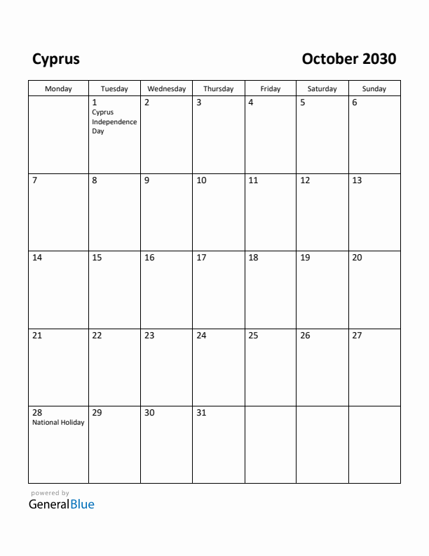 October 2030 Calendar with Cyprus Holidays