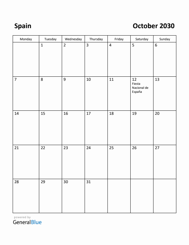 October 2030 Calendar with Spain Holidays