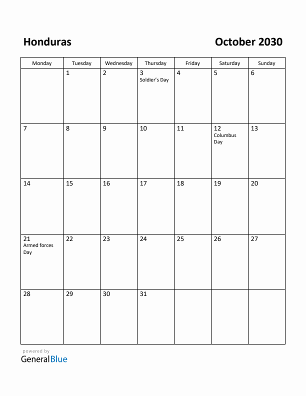 October 2030 Calendar with Honduras Holidays