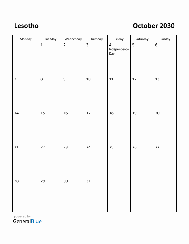 October 2030 Calendar with Lesotho Holidays