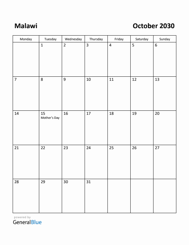 October 2030 Calendar with Malawi Holidays