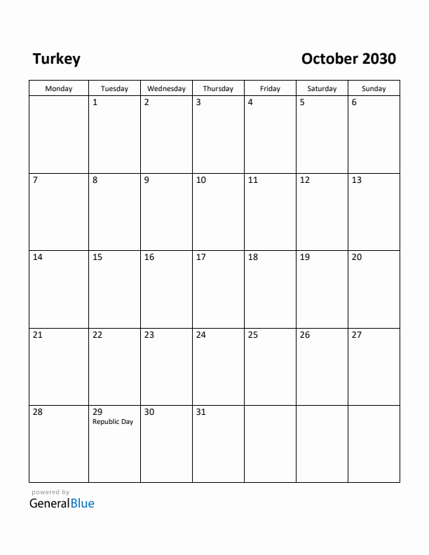 October 2030 Calendar with Turkey Holidays