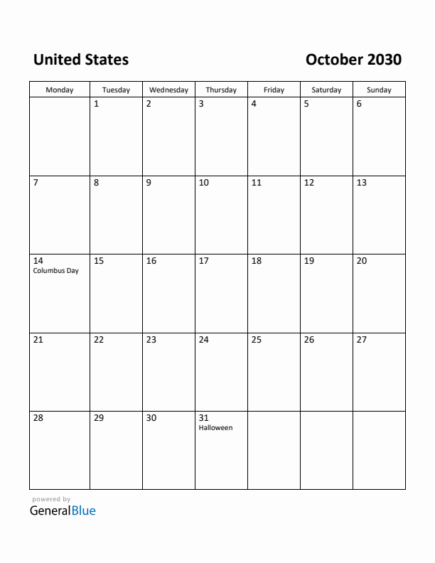 October 2030 Calendar with United States Holidays