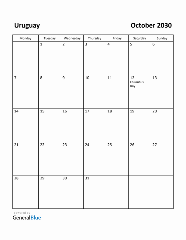 October 2030 Calendar with Uruguay Holidays