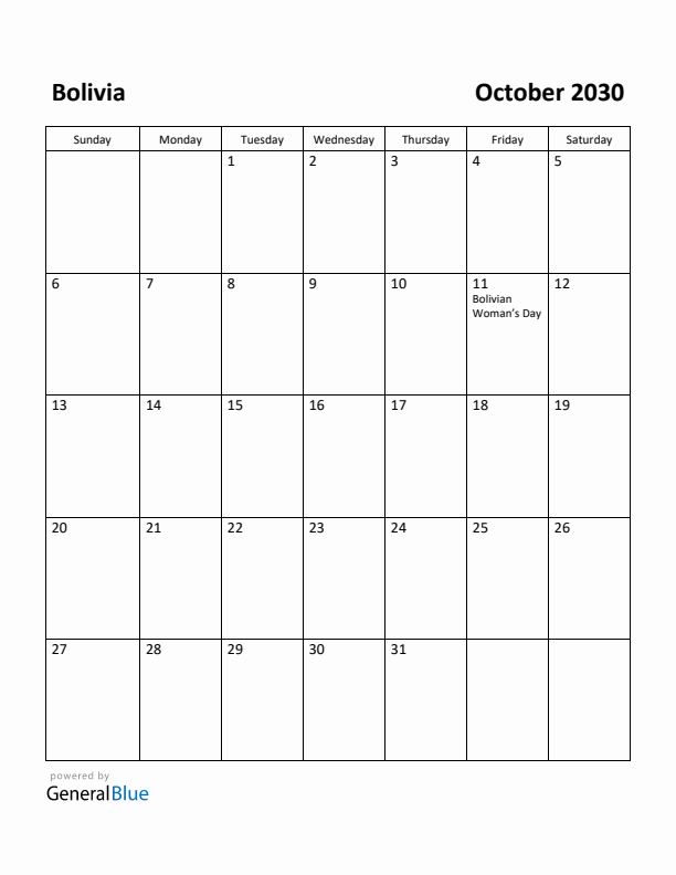 October 2030 Calendar with Bolivia Holidays