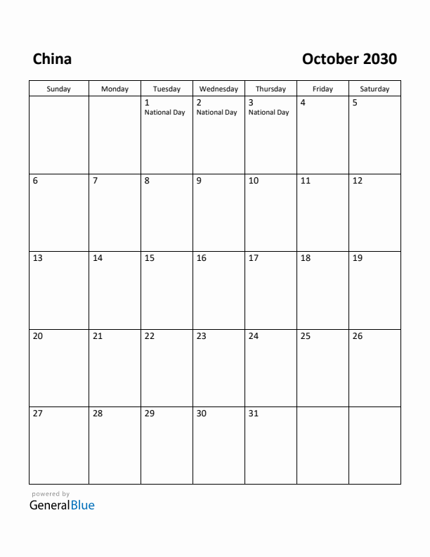 October 2030 Calendar with China Holidays