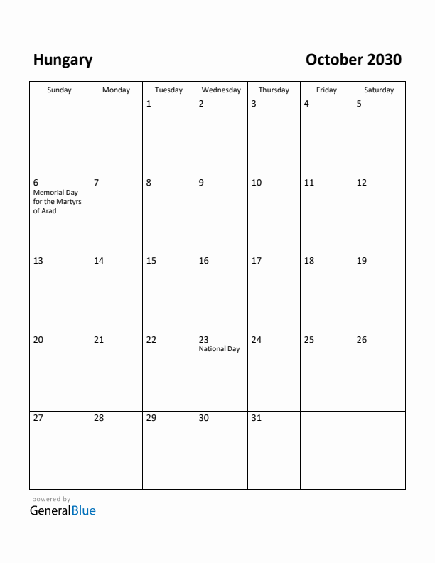 October 2030 Calendar with Hungary Holidays