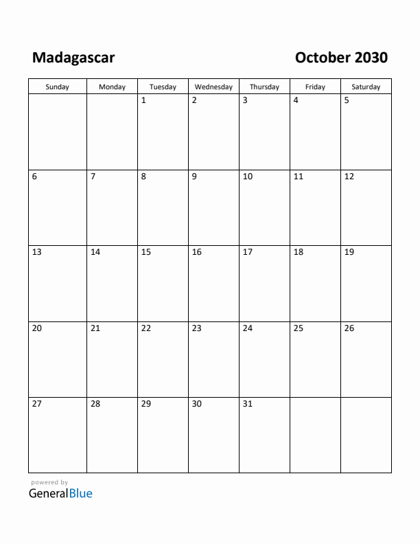 October 2030 Calendar with Madagascar Holidays